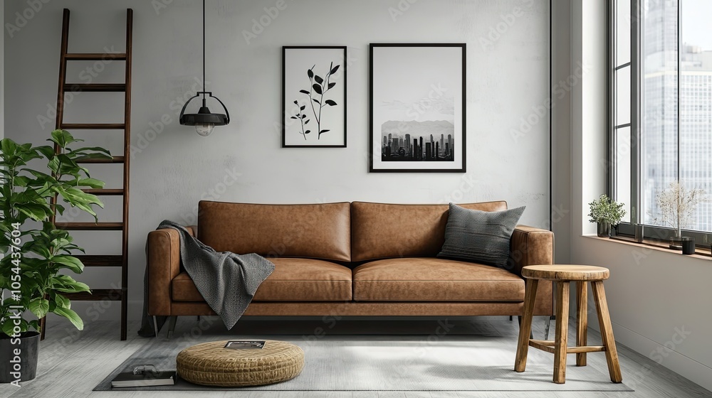 Stylish room with a brown sofa, ladder, wooden stool, and mock-up poster frame Stylish room with a brown sofa, ladder, wooden stool, and mock-up poster frame