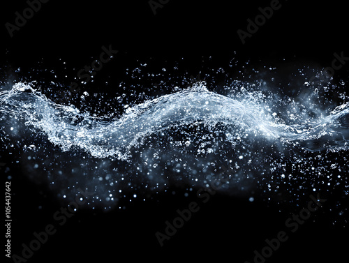 Elegant Water Splash Effect on Black Background with Bubbles and Droplets