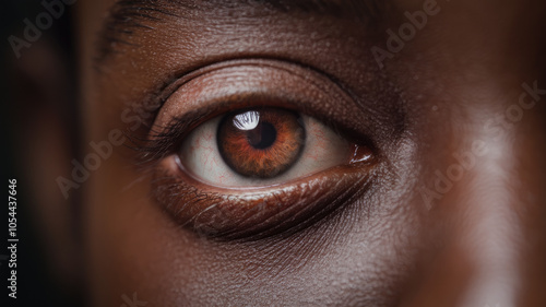 Close-up of a brown-eyed Black male with a serious expression, highlighting the intricate details of his eye, including the rich hues and subtle textures present.