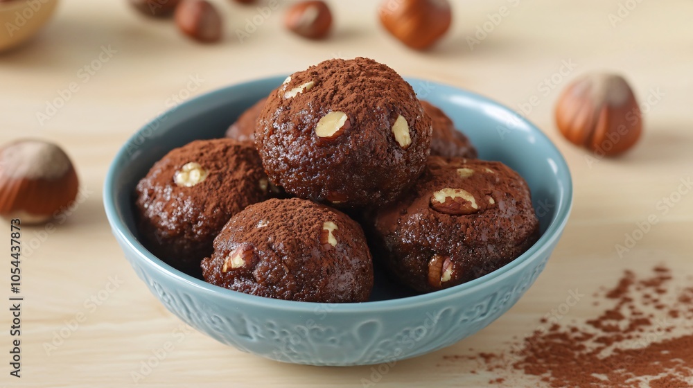 Chocolate and hazelnut beignets, placed on a blue ceramic dish, isolated on a light wooden background, surrounded by cocoa powder and hazelnuts Chocolate and hazelnut beignets, placed on a blue ceramic dish, isolated on a light wooden background, surrounded by cocoa powder and hazelnuts