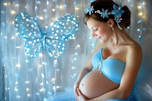 Elegant pregnant woman in blue dress with illuminated butterfly wings creating a magical and dreamy atmosphere photo