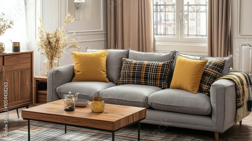 The stylish composition at living room interior with design gray sofa, wooden coffee table, commode and elegant personal accessories. Honey yellow pillow and plaid. Cozy apartment. Home decor