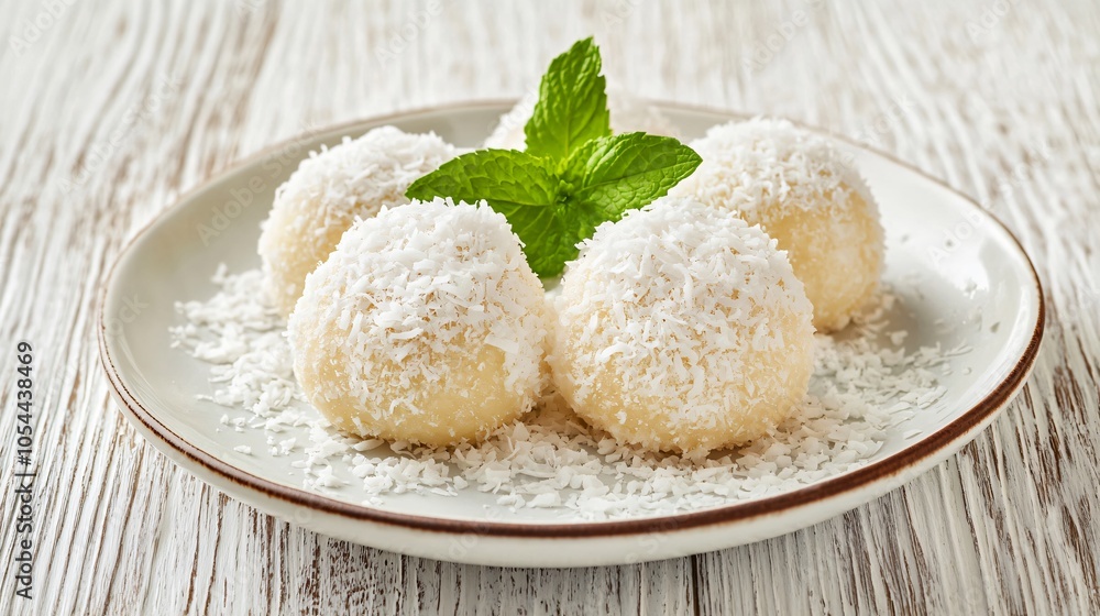 Coconut cream beignets, served on a white ceramic plate, isolated on a light wooden surface, with coconut flakes and mint leaves for garnish Coconut cream beignets, served on a white ceramic plate, isolated on a light wooden surface, with coconut flakes and mint leaves for garnish
