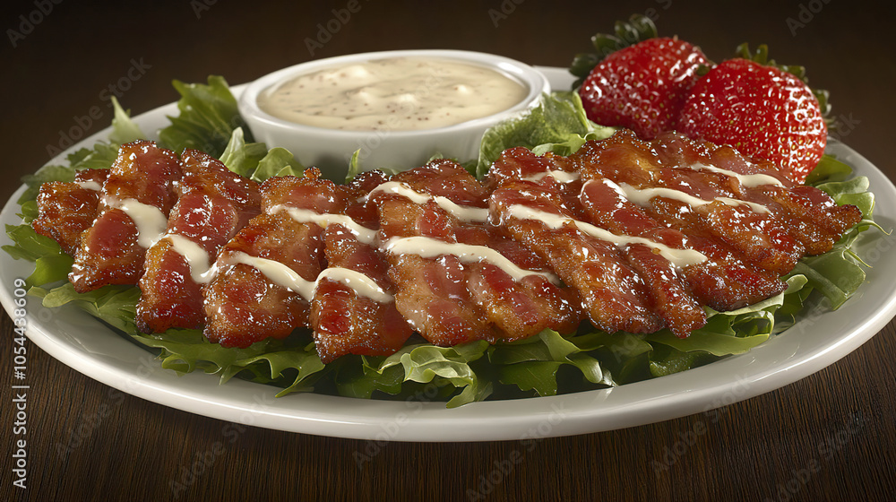 Candied bacon slices with a creamy dipping sauce and strawberries on a bed of greens. AI-generated Candied bacon slices with a creamy dipping sauce and strawberries on a bed of greens. AI-generated