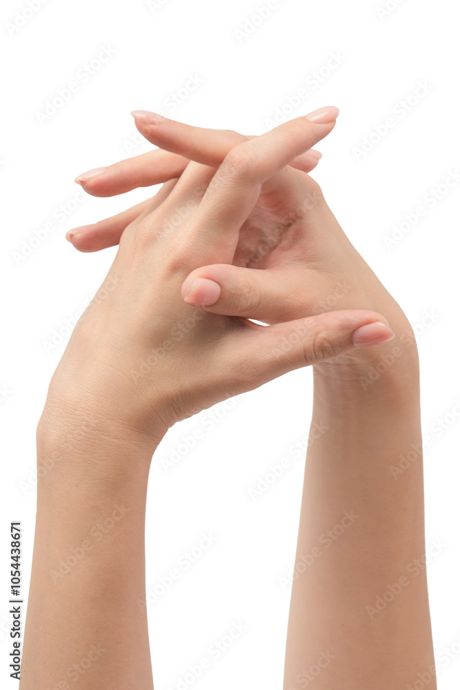 Woman hands with nude manicure isolated on a white background. Woman hands with nude manicure isolated on a white background.