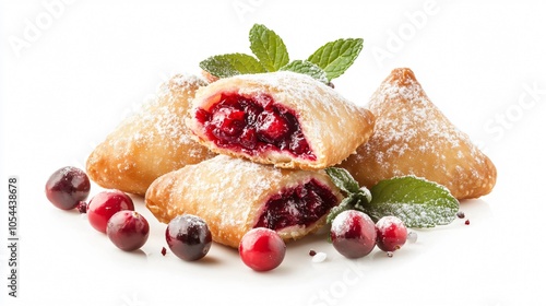 Cranberry-filled beignets with a sugar glaze, isolated on a white background, surrounded by fresh cranberries and mint leaves for decoration photo