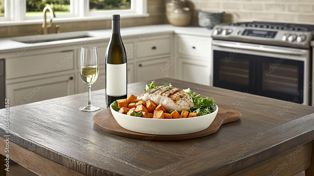 Gourmet chicken and vegetable salad with wine on a kitchen table setting. AI-generated Gourmet chicken and vegetable salad with wine on a kitchen table setting. AI-generated