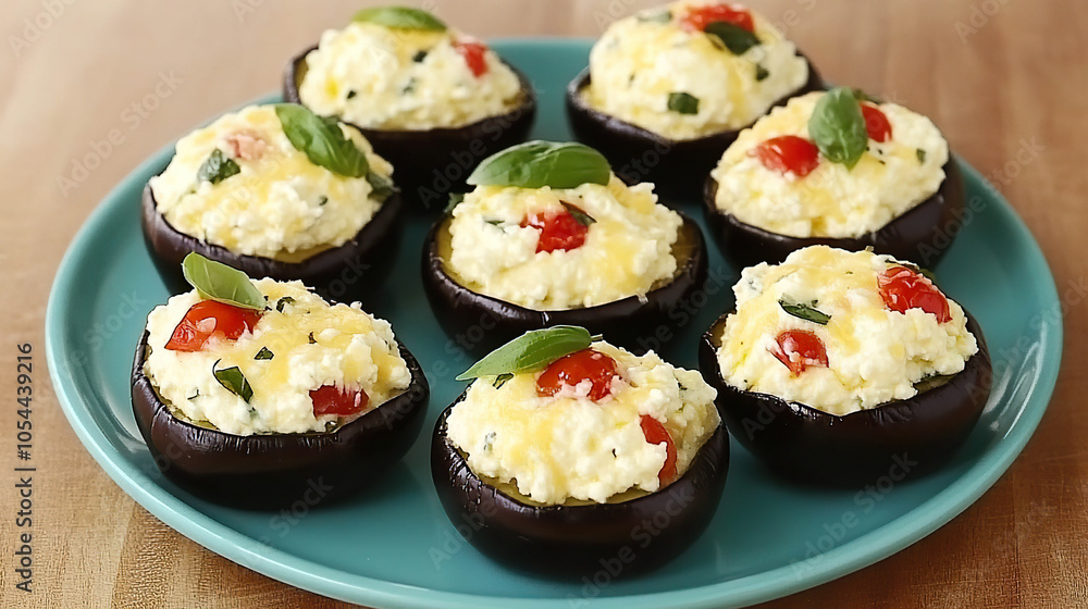Eggplant rounds with ricotta cheese, cherry tomatoes, and basil leaves on blue plate Eggplant rounds with ricotta cheese, cherry tomatoes, and basil leaves on blue plate