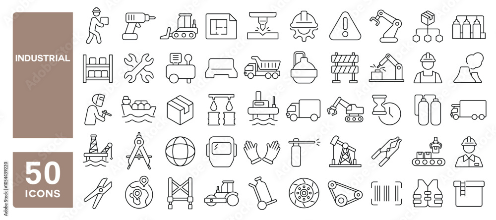 Set of 50 line icons related to industrial, production, logistic, factory, machine, warehouse, manufacturing, automation, Editable stroke. Vector illustration Set of 50 line icons related to industrial, production, logistic, factory, machine, warehouse, manufacturing, automation, Editable stroke. Vector illustration