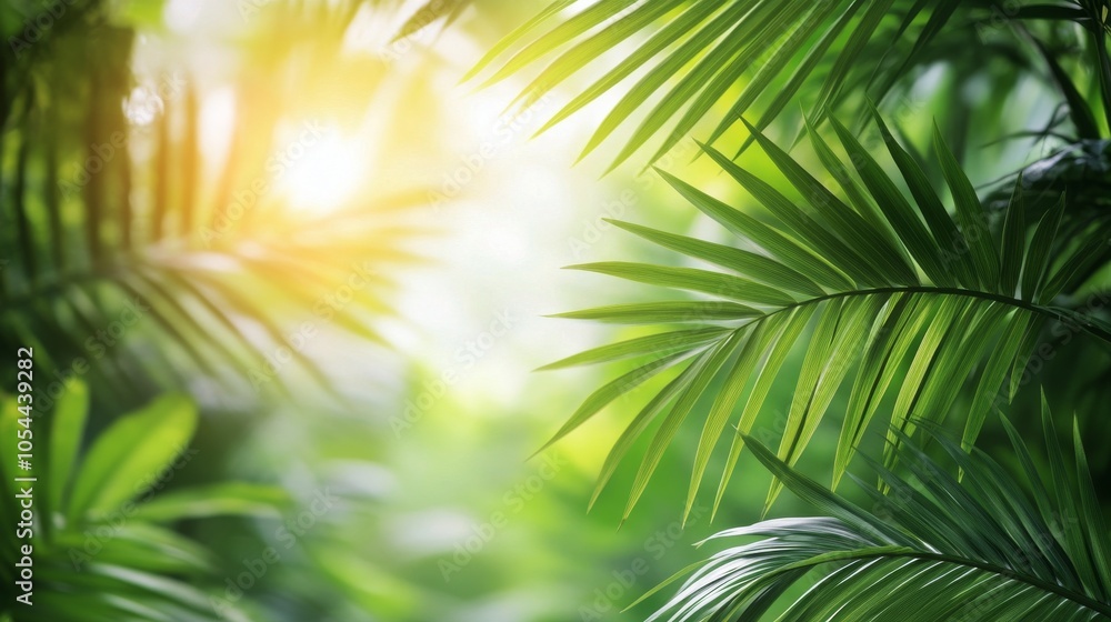 Obraz premium Lush green palm leaves glistening in sunlight against a blurred natural background
