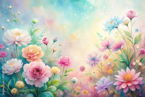 Watercolor flowers with leading lines and soft pastel colors, nature inspired art with copy space