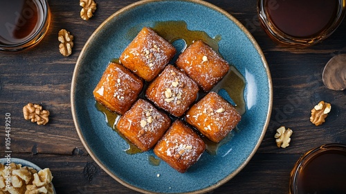 Maple syrup-glazed beignets, arranged on a blue ceramic plate, isolated on a dark wooden background, surrounded by maple syrup and walnuts