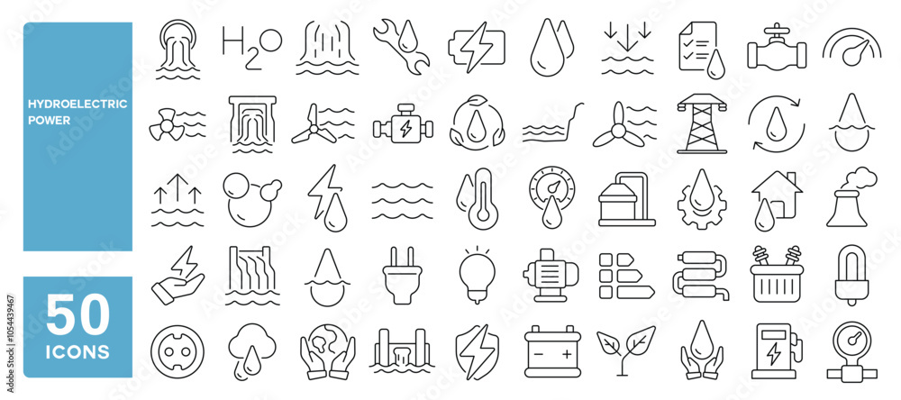 Set of 50 line icons related to hydroelectric power, hydro, station, dam, water, energy, waterfall, electricity, turbine, Editable stroke. Vector illustration