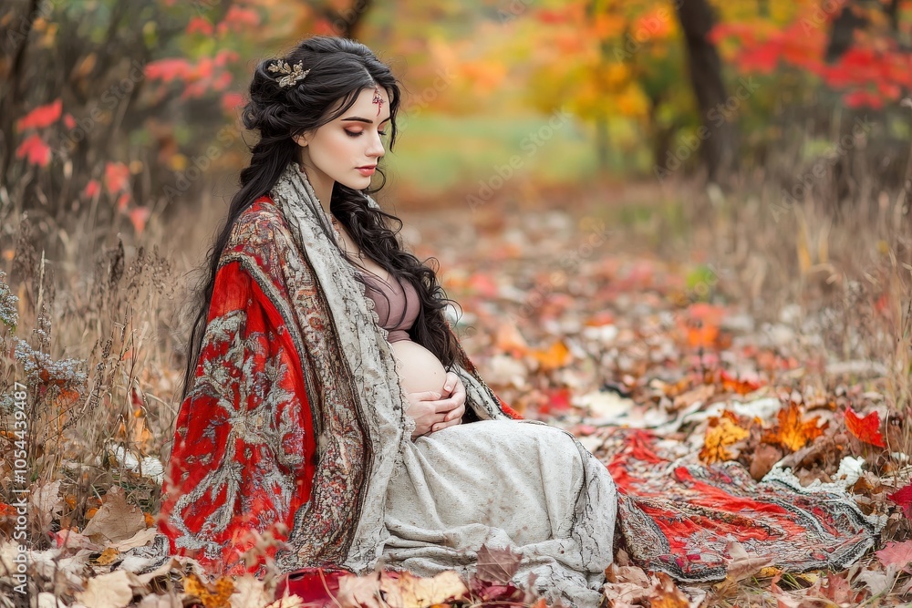 Expectant mother in cozy fall attire sits in a forest setting surrounded by vibrant autumn leaves capturing warmth introspection and connection with nature Expectant mother in cozy fall attire sits in a forest setting surrounded by vibrant autumn leaves capturing warmth introspection and connection with nature