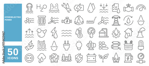 Set of 50 line icons related to hydroelectric power, hydro, station, dam, water, energy, waterfall, electricity, turbine, Editable stroke. Vector illustration