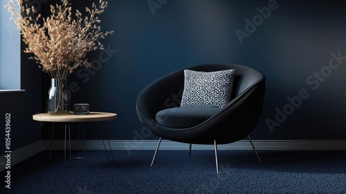 Warm and cozy living room interior with black armchair, round coffee table, patterned pillow, navy carpet, vase with dried flowers, and personal accessories. Home decor. Template
