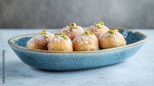 Pistachio-filled beignets, served on a blue ceramic dish, isolated on a light gray background, with crushed pistachios and a light sugar dusting