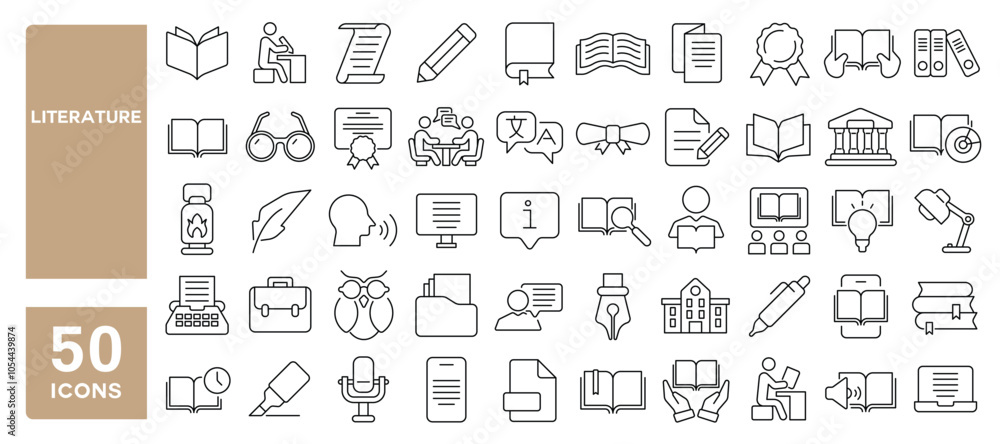 Set of 50 line icons related to literature, knowledge, book, read, library, poetry, story, Editable stroke. Vector illustration Set of 50 line icons related to literature, knowledge, book, read, library, poetry, story, Editable stroke. Vector illustration
