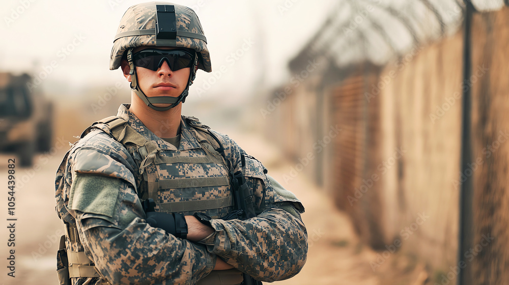 Soldier standing guard at a military base, watchful and alert, security duty, military service Soldier standing guard at a military base, watchful and alert, security duty, military service