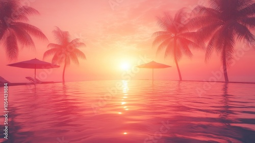 A hazy sunset over a tropical beach with palm trees and a pool.