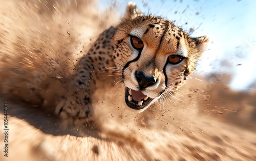 A fierce cheetah charges forward, kicking up dust as it sprints at high speed, showcasing its agility and power in a dramatic display of raw energy.