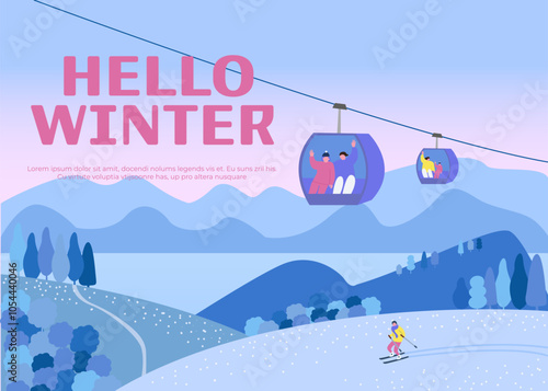 Winter banner hello winter. Mountain landscape with ski elevator and skier. Winter illustration. Christmas vacation