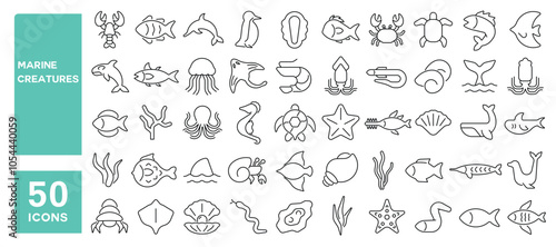 Set of 50 line icons related to marine creatures, fish, whale, shark, turtle, crab, octopus, seahorse, star, jellyfish, dolphin, Editable stroke. Vector illustration