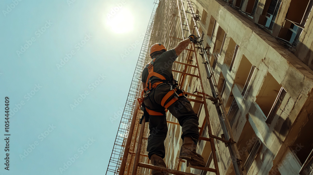 Worker securing scaffolding on the side of a tall building, wearing a harness, scaffolding work, construction safety Worker securing scaffolding on the side of a tall building, wearing a harness, scaffolding work, construction safety