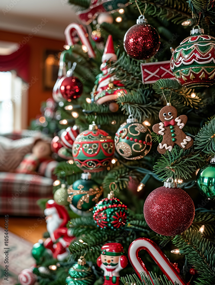 Close-up of a Christmas tree decorated with baubles, lights, gingerbread and candies. Close-up of a Christmas tree decorated with baubles, lights, gingerbread and candies.