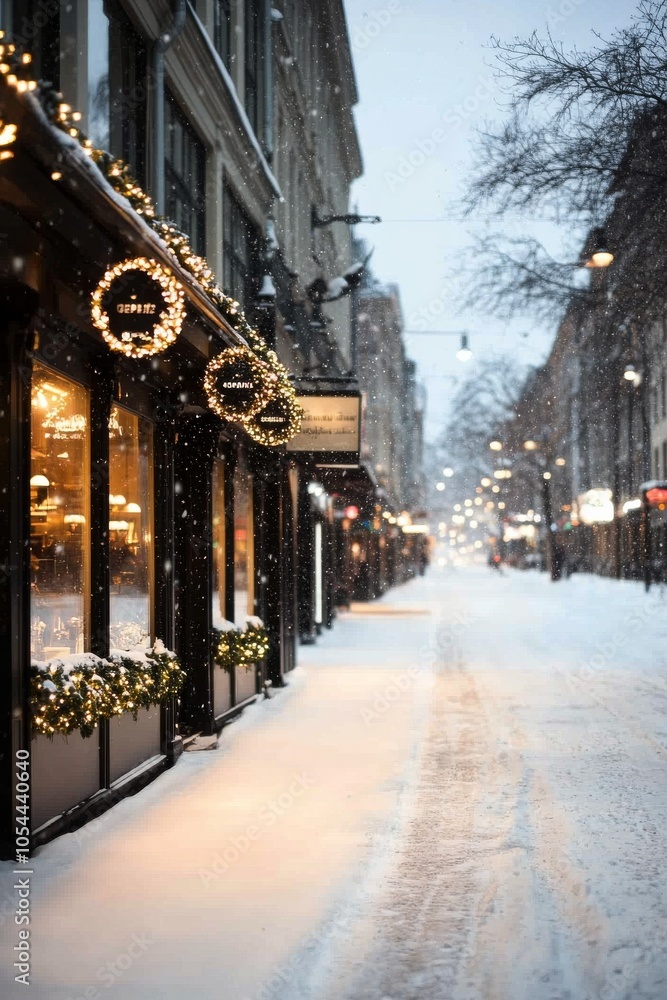 Snow covered street lined with festive storefronts during winter evening in a quaint town Snow covered street lined with festive storefronts during winter evening in a quaint town