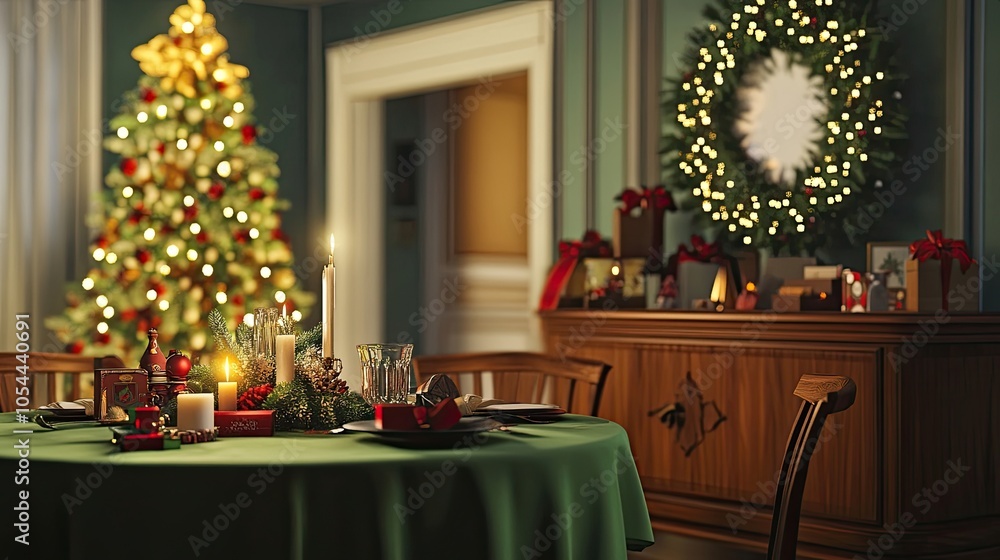 Warm dining room interior with table, green tablecloth, Christmas tree, wreath, candle, wooden console, glass, gifts, and personal accessories Warm dining room interior with table, green tablecloth, Christmas tree, wreath, candle, wooden console, glass, gifts, and personal accessories