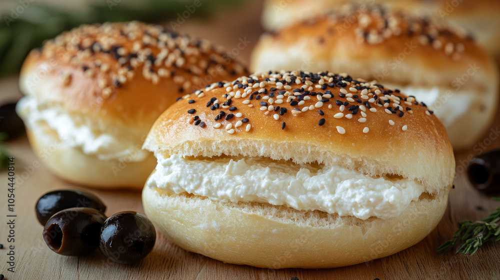 Bagels with cream cheese and olives on a wooden surface. Bagels with cream cheese and olives on a wooden surface.