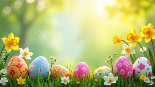 Easter background, include colorful decorated Easter eggs, spring flowers (tulips and daffodils), copy space in the middle, horizontal