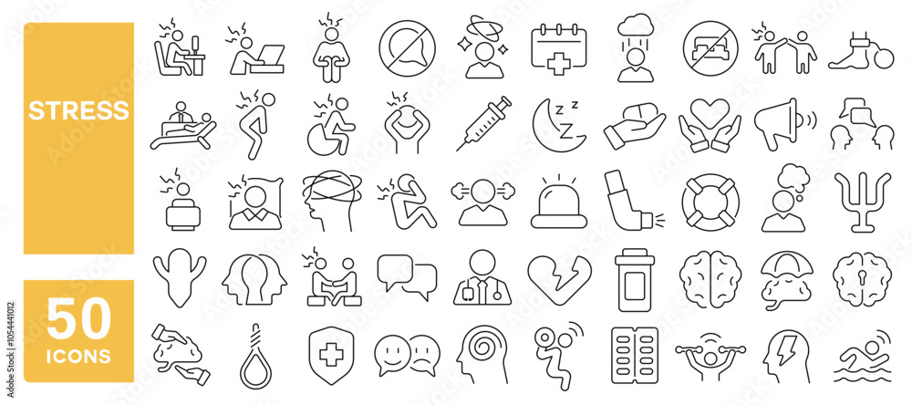 Set of 50 line icons related to stress, depression, anxiety, fear, headache, tired, sad, dizzy, nervous, burden, mental, awareness, Editable stroke. Vector illustration Set of 50 line icons related to stress, depression, anxiety, fear, headache, tired, sad, dizzy, nervous, burden, mental, awareness, Editable stroke. Vector illustration