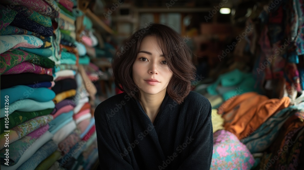 Obraz premium 居心地の良い雰囲気の中で色とりどりの布地に囲まれた女性の楽しいひととき