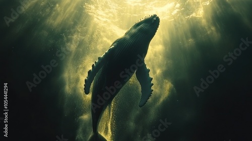 A humpback whale swims towards the surface of the ocean, silhouetted against the sun's rays.