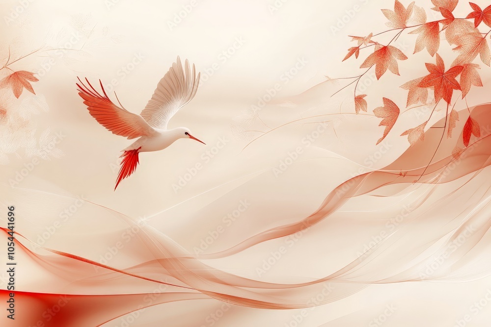 Obraz premium Elegant digital illustration of two cranes in flight with soft watercolor textures and pastel pink tones evoking serenity and grace