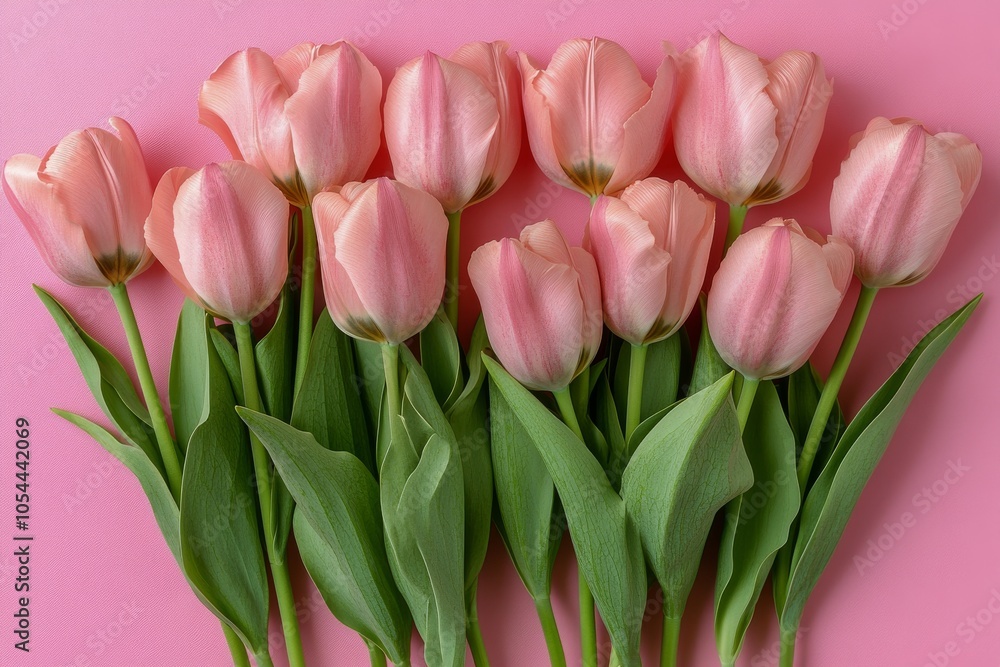 Pink tulips arranged on a soft pink background for spring decoration Pink tulips arranged on a soft pink background for spring decoration