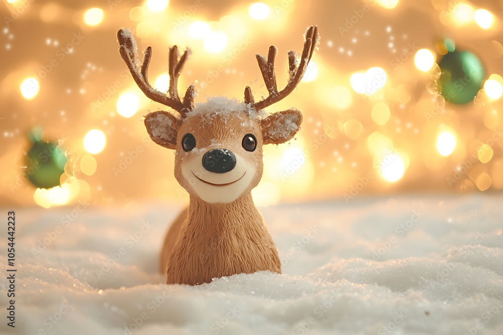 A smiling reindeer is depicted on snow with soft olive green Christmas lights in the background. A smiling reindeer is depicted on snow with soft olive green Christmas lights in the background.