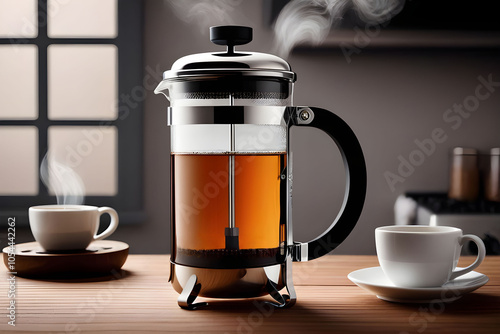 French press teapot brewing tea with cups and outgoing steam