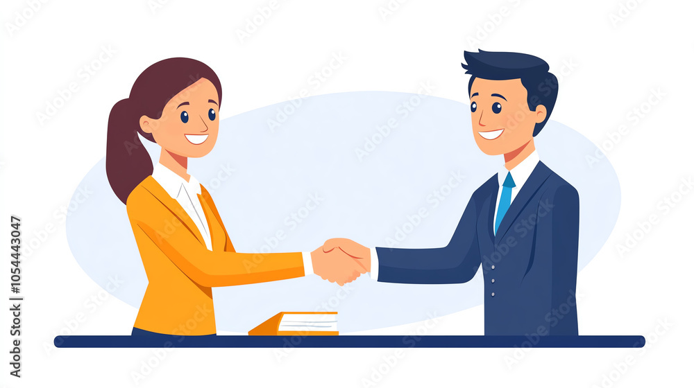 Obraz premium Businessman and businesswoman exchanging a handshake with smiles, contract signed, successful negotiation, partnership