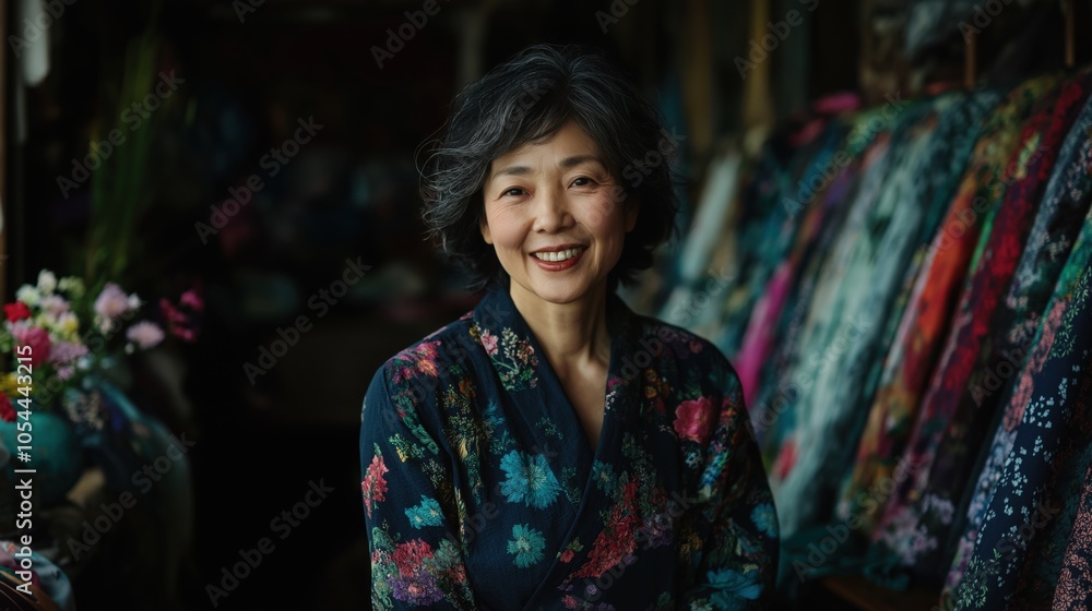 色とりどりの布に囲まれた花柄の着物を着た日本人女性の喜びに満ちた表情 色とりどりの布に囲まれた花柄の着物を着た日本人女性の喜びに満ちた表情