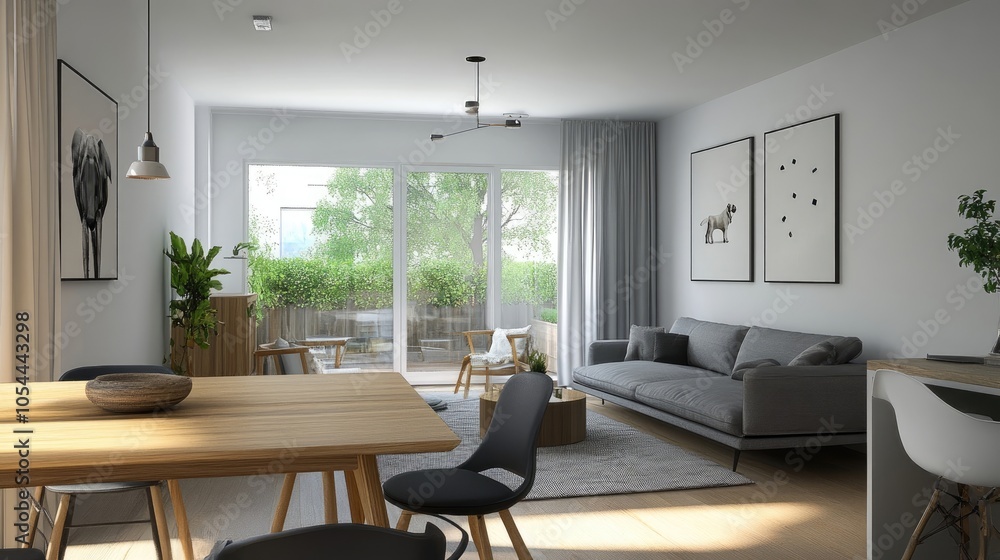 Scandinavian living room with a design wooden table, chairs, grey sofa, and beautiful dog, along with decorative personal accessories Scandinavian living room with a design wooden table, chairs, grey sofa, and beautiful dog, along with decorative personal accessories