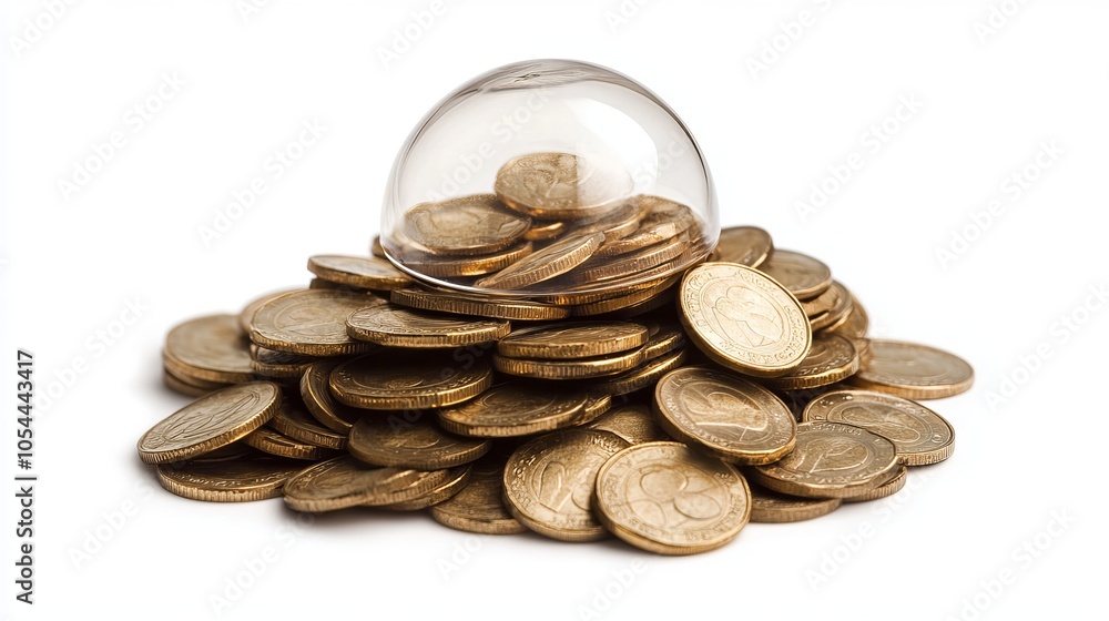 Pile of gold coins with a transparent coin on top. Pile of gold coins with a transparent coin on top.