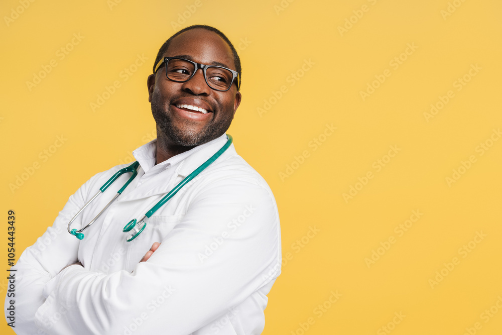 Positive African American doctor in glasses wearing white coat looking at copy space in studio Positive African American doctor in glasses wearing white coat looking at copy space in studio