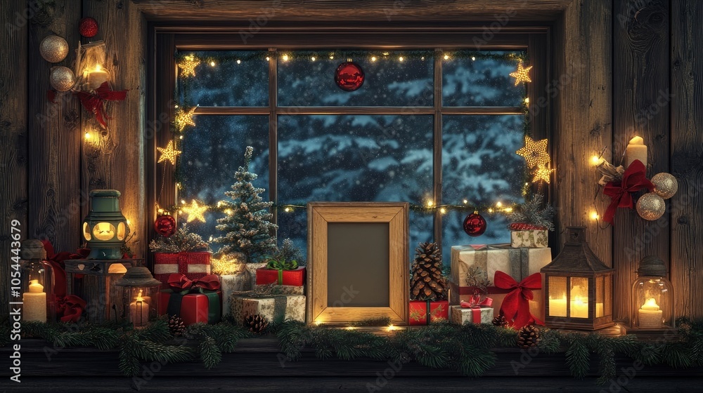 Obraz premium Shelf display with a mock-up poster frame, holiday decorations, lights, gifts, lanterns, and a cozy corner