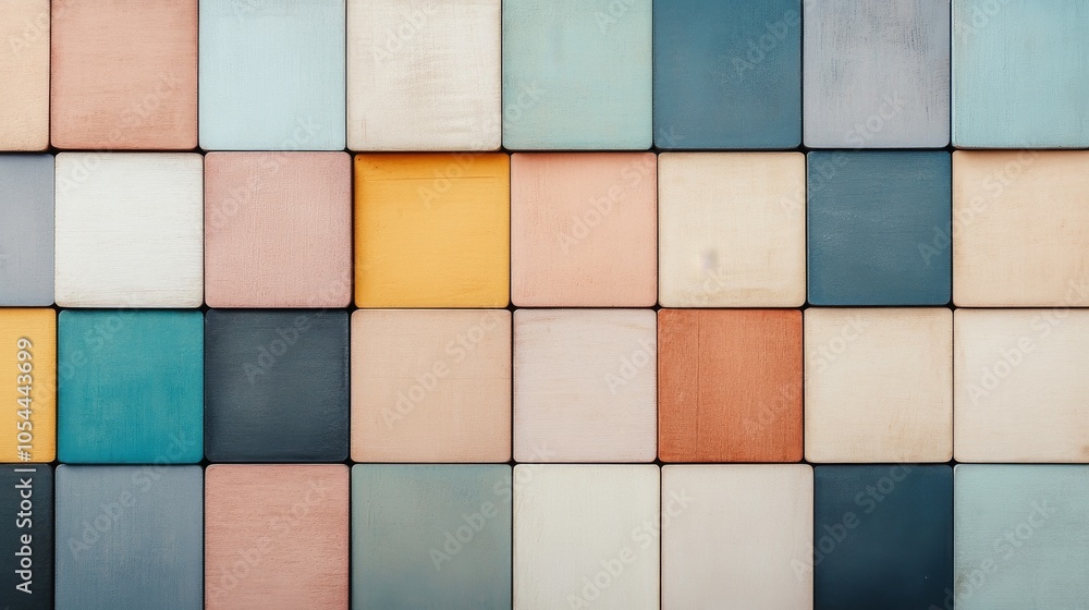 Colorful arrangement of square blocks displayed on a wall in an artistic design during daylight Colorful arrangement of square blocks displayed on a wall in an artistic design during daylight