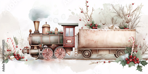 Decorative Christmas train adorned with holly and candy canes on a light background