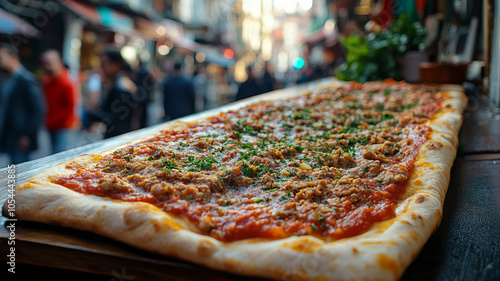 Long pizza with toppings on a street in urban setting. photo