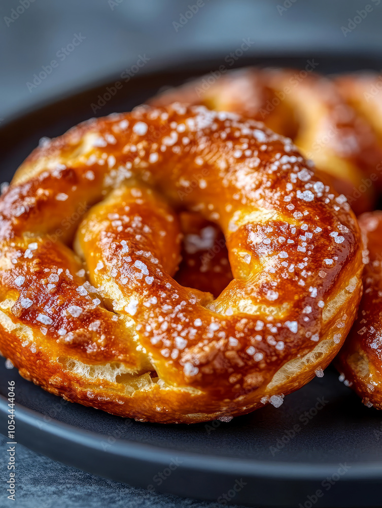 Close-up of salted pretzel on a dark plate. Close-up of salted pretzel on a dark plate.
